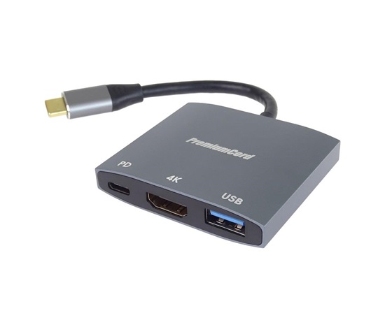 PremiumCord adaptér USB-C na HDMI, USB3.0,  PD, rozlišení 4K a FULL HD 1080p