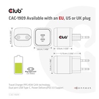 Club3D cestovní nabíječka PPS 45W GAN technologie, Dual port USB Type-C, Power Delivery(PD) 3.0 Support