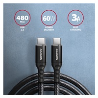 AXAGON BUCM-CM30AB, HQ kabel USB-C <-> USB-C, 3m, USB 2.0, PD 60W 3A, ALU, oplet, černý