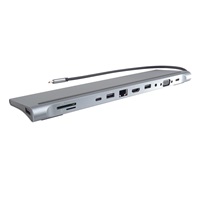 PREMIUMCORD Dokovací stanice USB-C 10v1, 1xHDMI, 1xVGA, 2xUSB-C, 3xUSB, 1xRJ45, čtečka SD karet, šedá