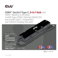 Club3D hub USB Gen3x2 Type-C (USB4), 6-in-1 s HDMI 8K60Hz/4K120Hz, 2xUSB, RJ45 a 2xUSB-C, 1xData, 1xPD - nabíjení 100W