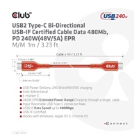 Club3D kabel USB-C, Oboustranný USB-IF Certifikovaný data kabel, PD 240W(48V/5A) EPR M/M 1m