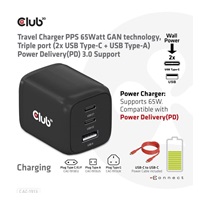 Club3D cestovní nabíječka 65W GAN technologie, 3 porty (2xUSB-C + USB-A), PPS, Power Delivery(PD) 3.0 Support