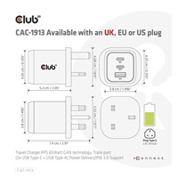 Club3D cestovní nabíječka 65W GAN technologie, 3 porty (2xUSB-C + USB-A), PPS, Power Delivery(PD) 3.0 Support