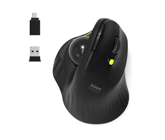 PORT bezdrátová ergonomická myš ERGONOMIC TRACKBALL, 2,4 Ghz & Bluetooth, USB-A/C, černá