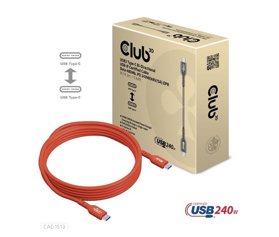 Club3D Kabel USB2 Type-C Bi-Directional USB-IF Certifikovaný 480Mb, PD 240W(48V/5A) EPR M/M 3m