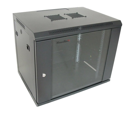 XtendLan 19" nástěnný rozvaděč 9U 600x450, nosnost 60 kg, skleněné dveře, svařovaný, černý