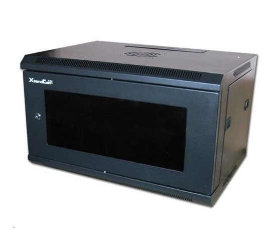 XtendLan 19" nástěnný rozvaděč 6U 600x600, nosnost 60 kg, skleněné kouřové dveře, svařovaný, černý