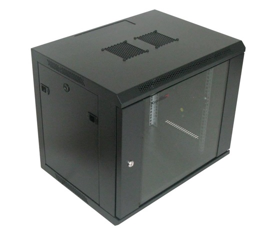 XtendLan 19" nástěnný rozvaděč 9U 600x600, nosnost 60 kg, skleněné kouřové dveře, rozložený, černý