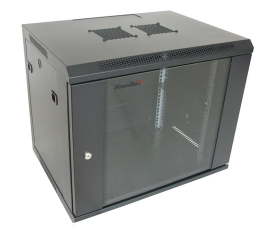 XtendLan 19" nástěnný rozvaděč 12U 600x600, nosnost 60 kg, skleněné dveře, rozložený, černý