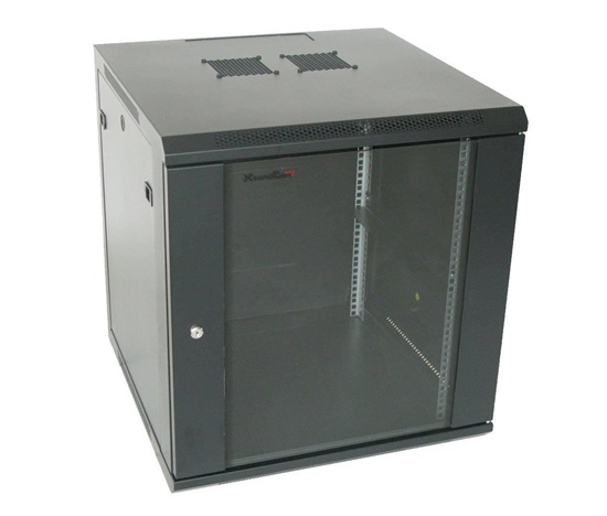XtendLan 19" nástěnný rozvaděč 15U 600x600, nosnost 60 kg, skleněné kouřové dveře, svařovaný, černý