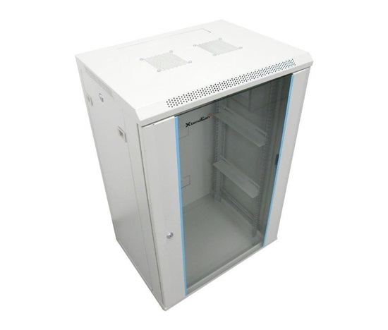 XtendLan 19" nástěnný rozvaděč 18U 600x450, nosnost 60 kg, skleněné dveře, svařovaný, šedý