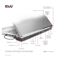 Club3D Dokovací stanice USB-C 14v1, 1xDP, 1xHDMI, 1xVGA, 2xUSB-C, 5xUSB, 1xRJ45, 1x3.5mm, šedá