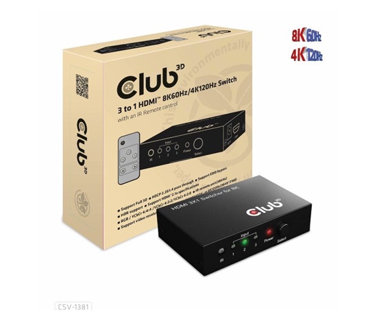Club3D Switch 1:3 HDMI 8K60Hz/4K120Hz, 3 porty