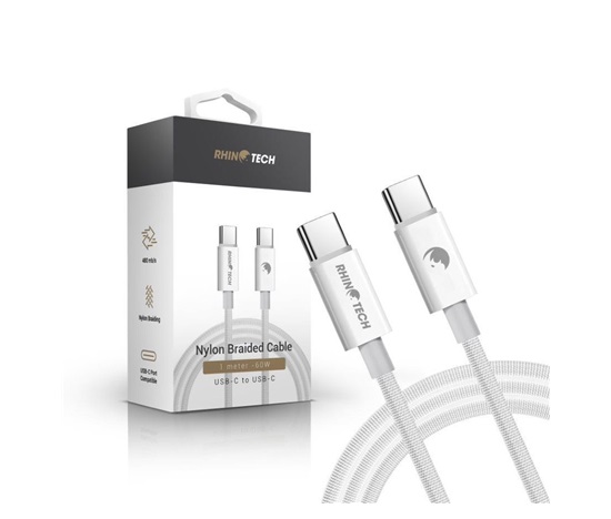 RhinoTech kabel s nylonovým opletem USB-C na USB-C 60W 1M bílá
