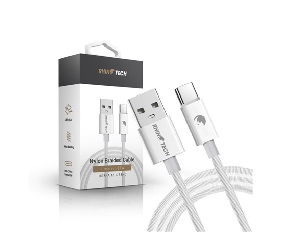 RhinoTech kabel s nylonovým opletem USB-A na USB-C 27W 1M bílá