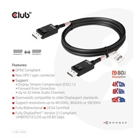 Club3D Kabel DisplayPort 2.1 na DisplayPort 2.1 VESA DP80, 4K240Hz/8K60Hz/10K30Hz HDR (M/M), 1.2m, černá