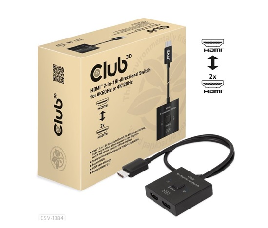 Club3D Switch, HDMI na 2xHDMI Oboustranný 2v1, 8K60Hz, 4K120Hz