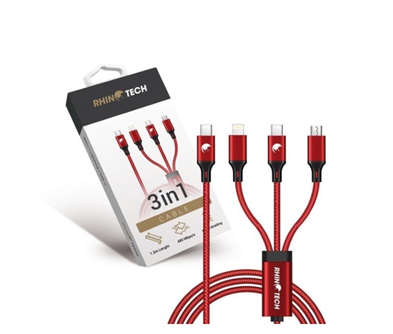RhinoTech nabíjecí a datový kabel 3v1 USB-C (MicroUSB + Lightning + USB-C) 40W 1,2m červená