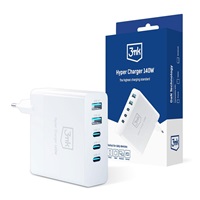 3mk síťová nabíječka - Hyper Charger 140W, GaN 3x USB-C (PD) / 2x USB, bílá