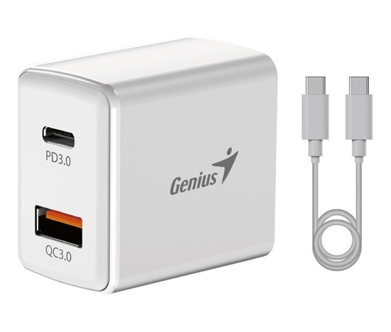 GENIUS nabíjecí set PD-20ACP, 20W, rychlé nabíjení, USB-C PD3.0, USB-A QC3.0, 1m kabel USB-C USB-C, bílá