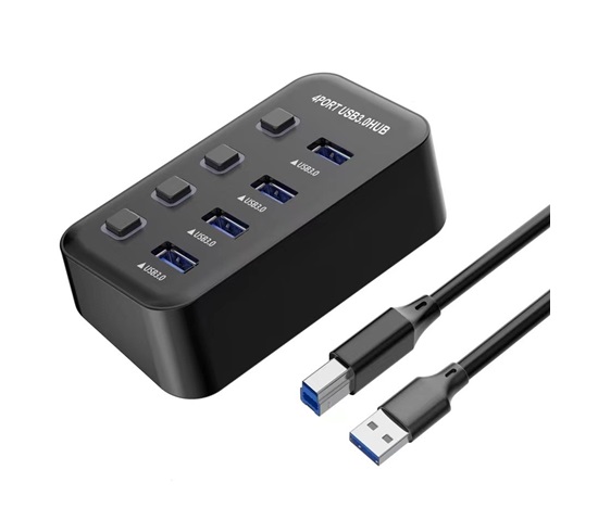 PREMIUMCORD Hub USB 3.2, 4-portový s vypínači portů, 5G SuperSpeed, Černá