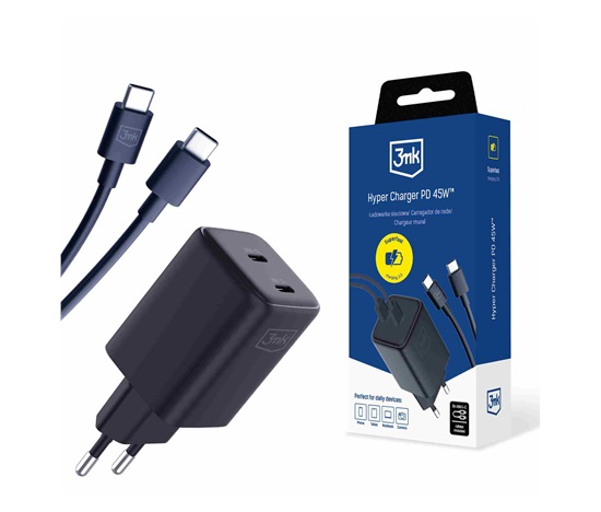 3mk Hyper Charger PD 45W+USB Cable C to C Black