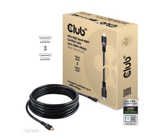 Club3D Kabel HDMI, Ultra Rychlý HDMI™ Certifikovaný Cable, 4K120Hz/ 8K60Hz, 7.5m