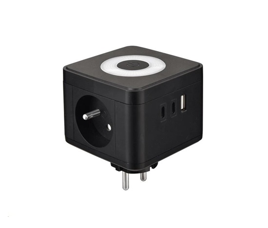 Viking síťový adaptér Y23L, 2x 230 V, 1x USB-A, 2x USB-C, dotykové světlo, černá