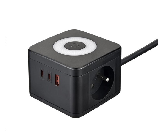 Viking síťový adaptér YC23L, 2x 230 V, 1x USB-A, 2x USB-C, dotykové světlo, délka 1,4 m, černá