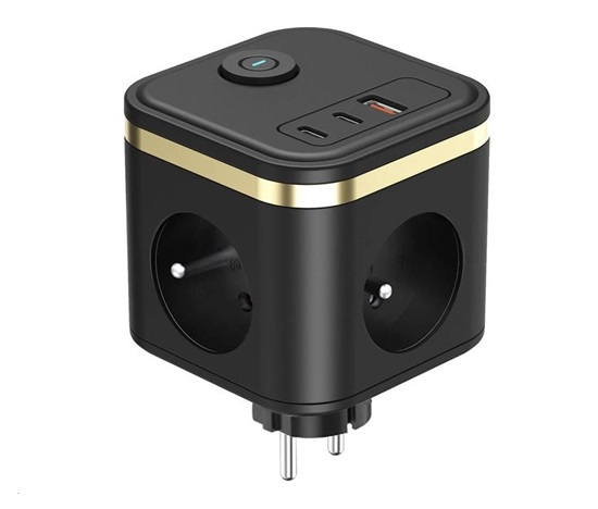 Viking síťový adaptér Y33, 3x 230 V, 1x USB-A, 2x USB-C, tlačítko ON/OFF, černá