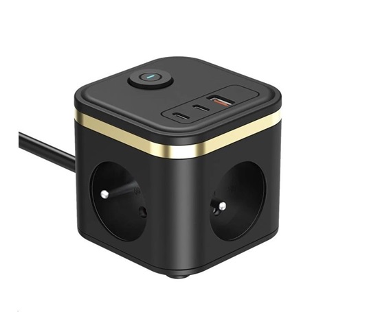 Viking síťový adaptér YC33, 3x 230 V, 1x USB-A, 2x USB-C, tlačítko ON/OFF, délka 1,4 m, černá