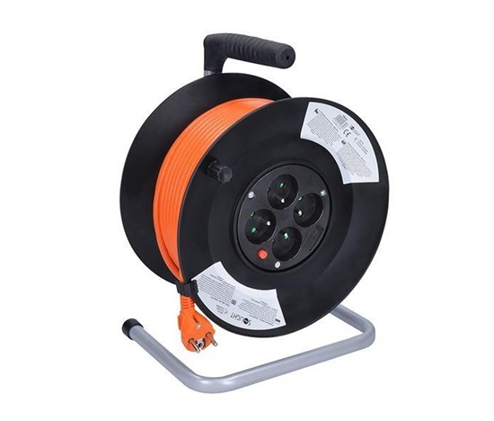 Solight prodlužovací přívod na bubnu, 4 zásuvky, 50m, oranžový kabel, 3x 1,5mm2