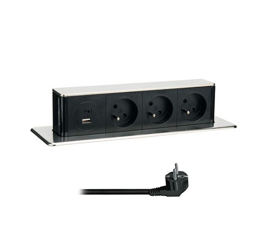 Solight 3z + USB A+C výsuvný blok zásuvek, 2m, nerez ocel
