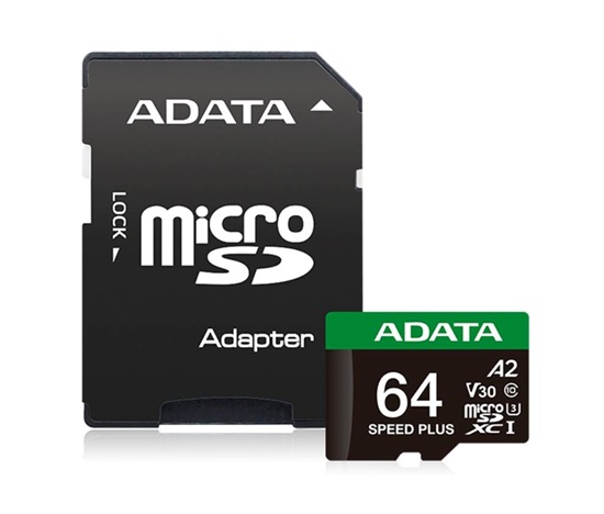 ADATA MicroSDXC karta 64GB Speed Plus, U3, C10, A2, V30 (R:160/W:140 MB/s) + SD adaptér