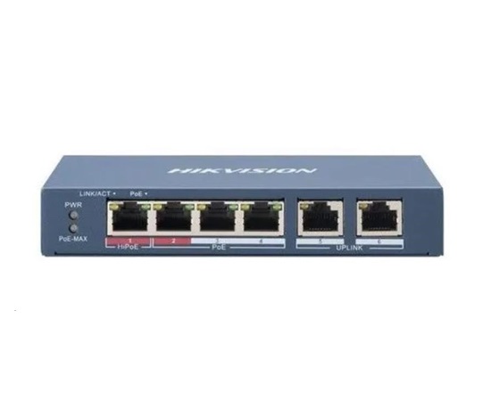 Hikvision DS-3E1106HP-EI, Smart switch 1x 100TX HI-PoE + 3x 100TX PoE; 2x 100TX uplink, 60W, Super PoE