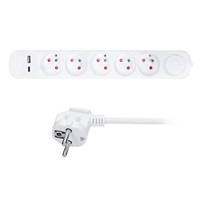 Solight prodlužovací přívod 5 zásuvek, USB A+C nabíječka 12W, 3m, 3 x 1mm2, bílý, vypínač
