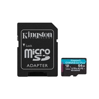 Kingston MicroSDXC karta 64GB Canvas Go! Plus, R:200/W:160MB/s, Class 10, UHS-I, U3, V30, A2 + Adaptér