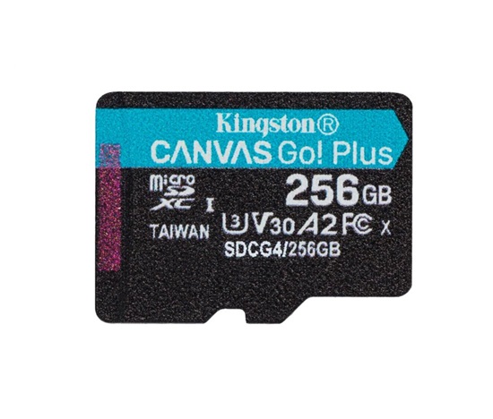 Kingston MicroSDXC karta 256GB Canvas Go! Plus, R:200/W:160MB/s, Class 10, UHS-I, U3, V30, A2 + Adaptér