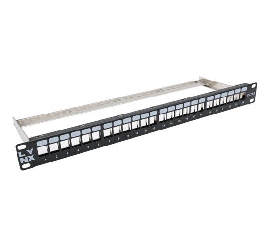 LYNX Patch panel, 19'', 24 portů, 1U, Cat5e/6/6A/7, neosazený, stíněný, vyvazovák, černý