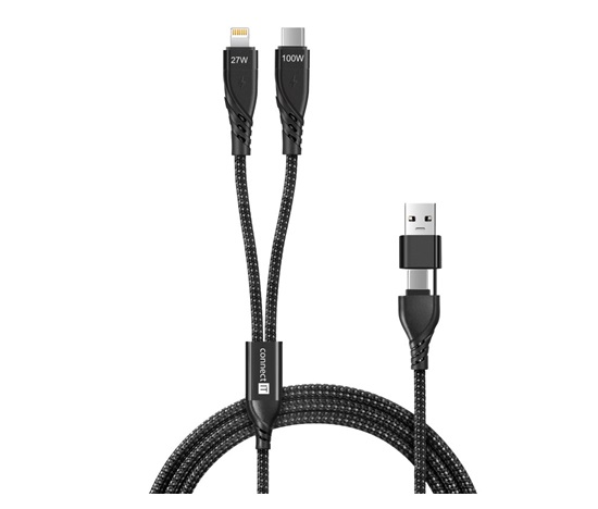 CONNECT IT Nabíjecí kabel Wirez 4v1, USB-C/USB, Lightning/USB-C, 1.25m, černá