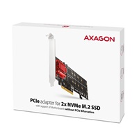POUŽITÉ (SECOND HAND) - AXAGON PCEM2-ND, PCIe x8 řadič - 2x M.2 NVMe M-key slot, RAID, podpora desek bez bifurkace, vč.