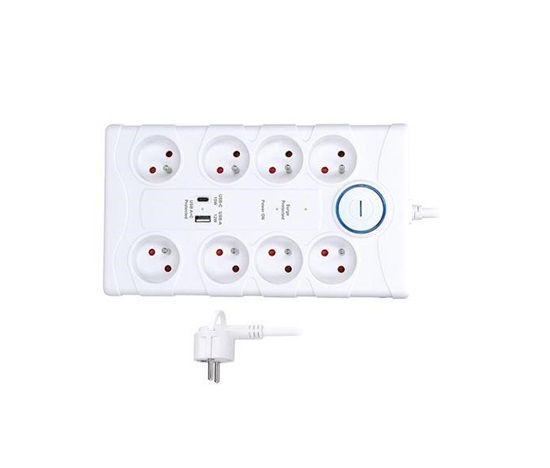 Solight přepěťová ochrana, 8z, USB A+C, 2m, bílá