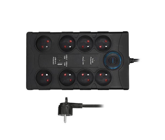 Solight přepěťová ochrana, 8z, USB A+CA, 2m, černá