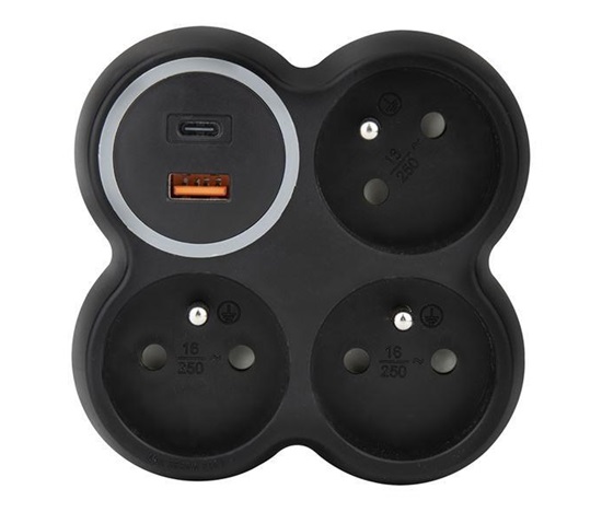 Solight rozbočka, 3x 15A, USB A+C rychlonabíječka 20W PD, matná černá
