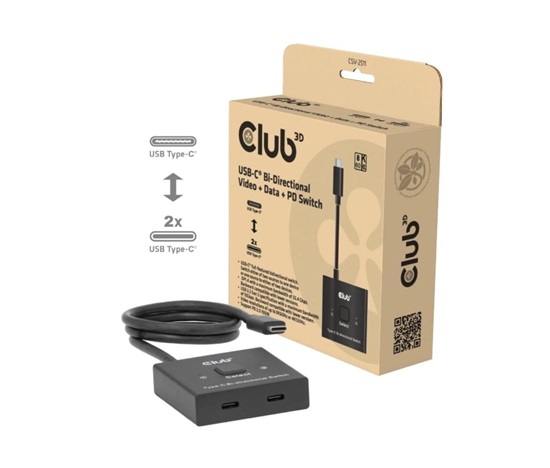 Club3D Switch, USB-C na 2xUSB-C Oboustranný 2v1, 8K60Hz, 4K120Hz, PD 100W
