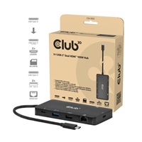 Club3D Dokovací stanice USB-C 9v1, 2xHDMI, 1xUSB-C, 1xUSB-C PD, 2xUSB, 1xRJ45, microSD/SD, černá