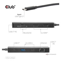 Club3D Dokovací stanice USB-C 9v1, 2xHDMI, 1xUSB-C, 1xUSB-C PD, 2xUSB, 1xRJ45, microSD/SD, černá