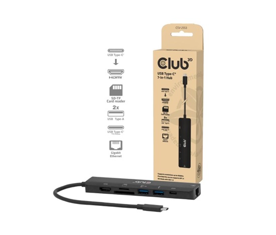 Club3D Dokovací stanice USB-C 7v1, 1xHDMI, 1xUSB-C PD, 2xUSB, 1xRJ45, microSD/SD, černá