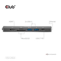 Club3D Dokovací stanice USB-C 7v1, 1xHDMI, 1xUSB-C PD, 2xUSB, 1xRJ45, microSD/SD, černá